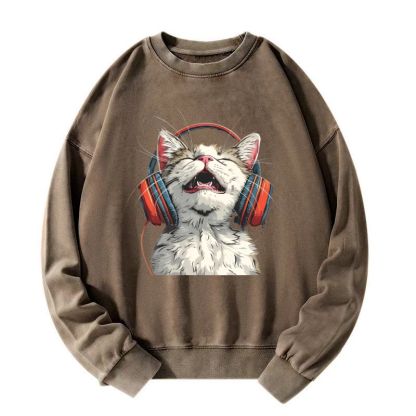 Happy DJ Cat Washed Sweatshirt