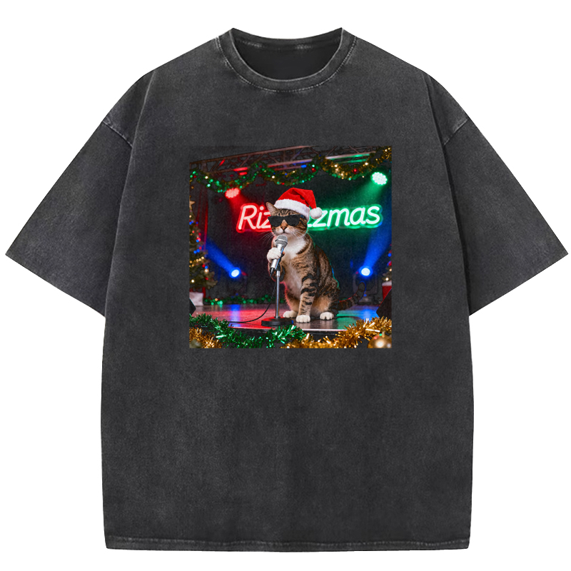 The cat singing while wearing a Santa hat Washed T-shirt