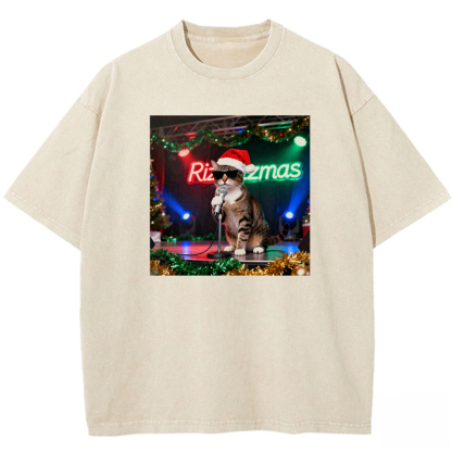 The cat singing while wearing a Santa hat Washed T-shirt