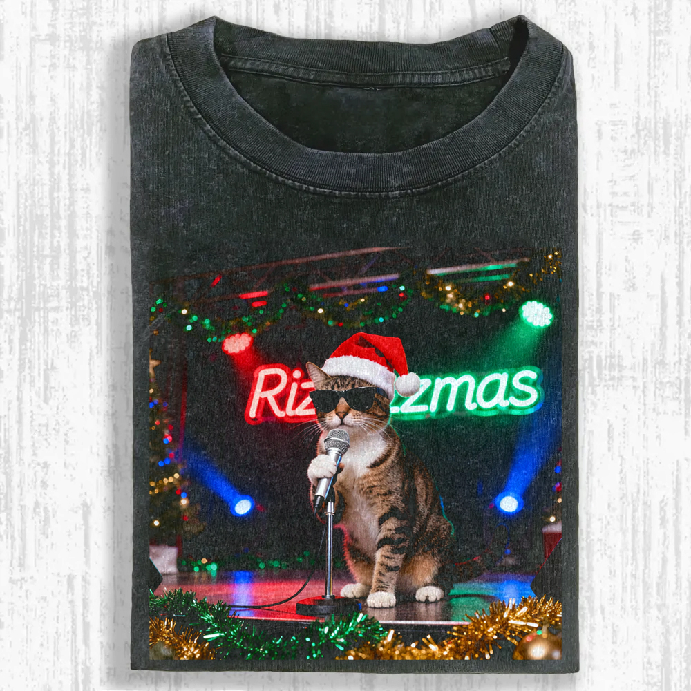The cat singing while wearing a Santa hat Washed T-shirt