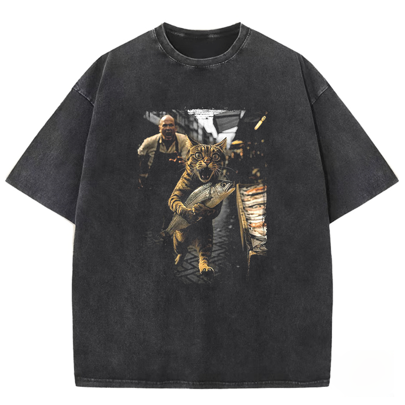 Catch of the Day Gone Wrong Cat Thief Washed T-shirt