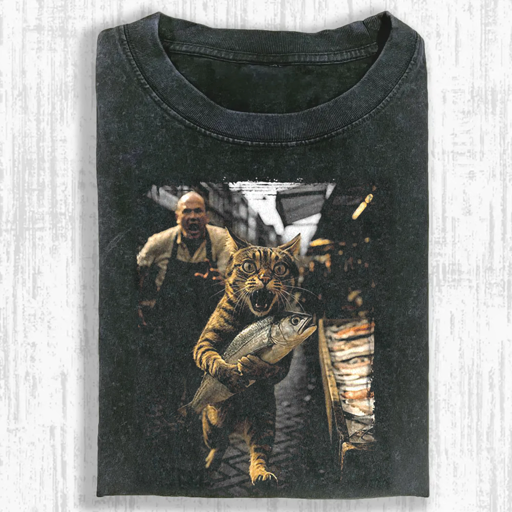 Catch of the Day Gone Wrong Cat Thief Washed T-shirt