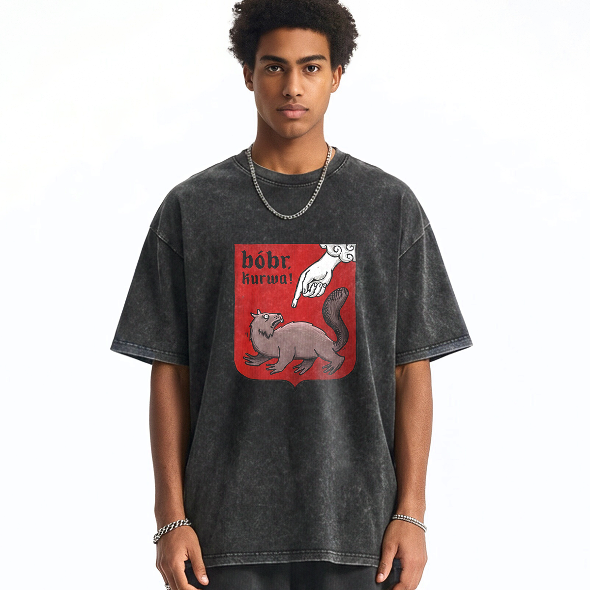 Funny Bobr Kurwa Printed Casual Washed T-shirt