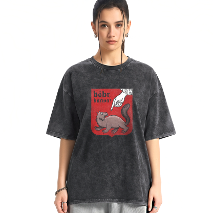 Funny Bobr Kurwa Printed Casual Washed T-shirt