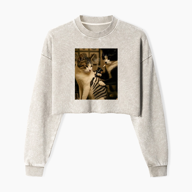 Wacky Cats Washed Crop Sweatshirt
