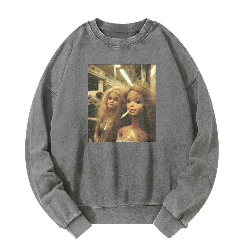 SMOKING BARBIE GIRL SHORT SLEEVED Washed Sweatshirt