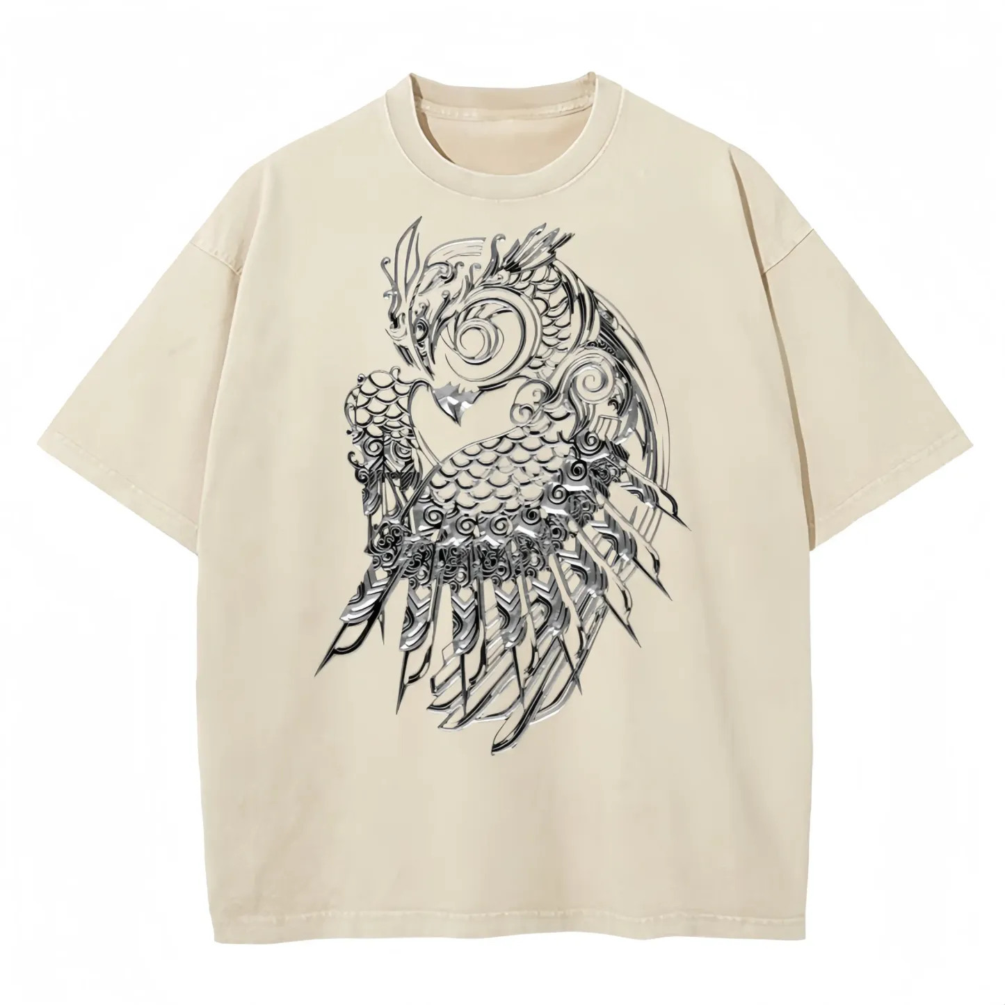 Art washed T-shirt featuring a unique silver owl design, perfect for casual wear and artistic expression.