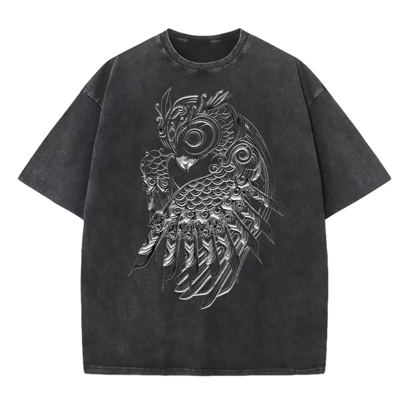 Art washed T-shirt featuring a unique silver owl design, perfect for casual wear and art enthusiasts.