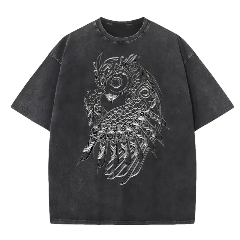 Art washed T-shirt featuring a unique silver owl design, perfect for casual wear and art enthusiasts.
