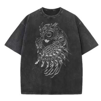 Art washed T-shirt featuring a unique silver owl design, perfect for casual wear and art enthusiasts.