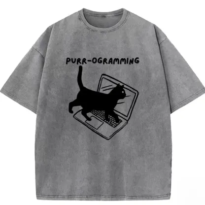 Lightweight PURR-OGRAMMING washed t-shirt for cat lovers, featuring a playful graphic and soft cotton fabric.