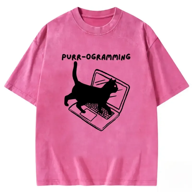 Purr-ogramming washed t-shirt in soft cotton, featuring a playful cat graphic and relaxed fit, perfect for casual wear.