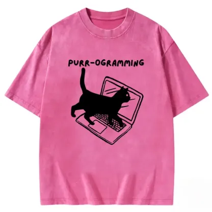 Purr-ogramming washed t-shirt in soft cotton, featuring a playful cat graphic and relaxed fit, perfect for casual wear.