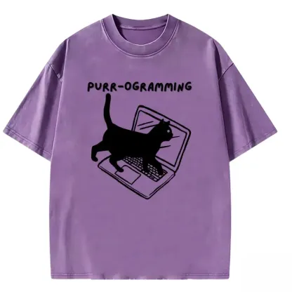 Lightweight PURR-OGRAMMING washed t-shirt in soft fabric, featuring a playful cat graphic for casual, stylish wear.