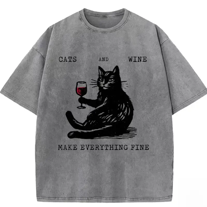 CATS AND WINE MAKE EVERYTHING FINE graphic washed T-shirt for cat lovers, casual wear, and unique gift ideas.