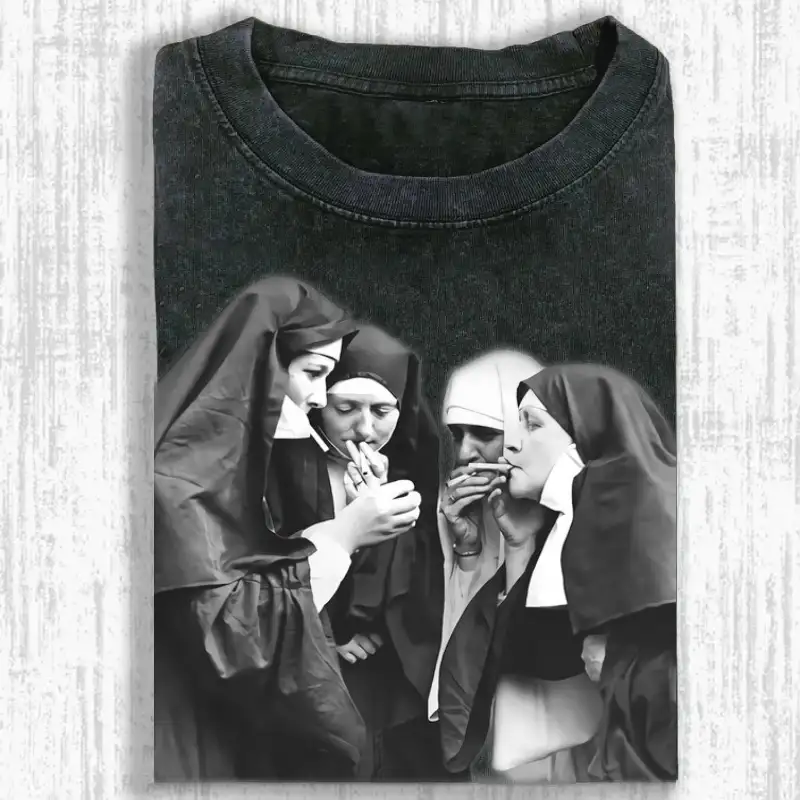Washed T-shirt featuring a unique Smoking Nuns graphic, perfect for casual wear and standout style.