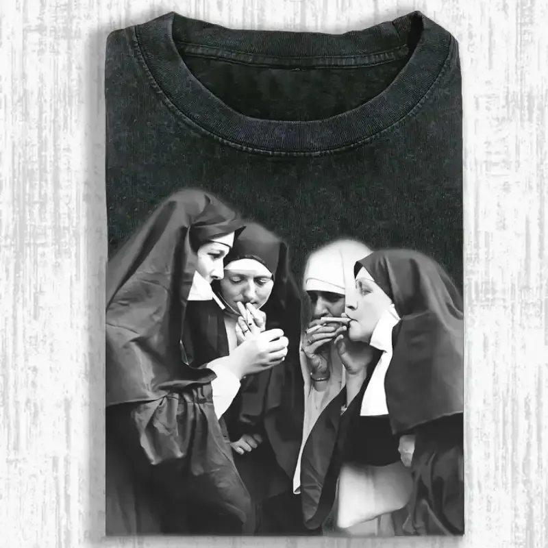 Washed T-shirt featuring a unique Smoking Nuns graphic, perfect for casual wear and standout style.