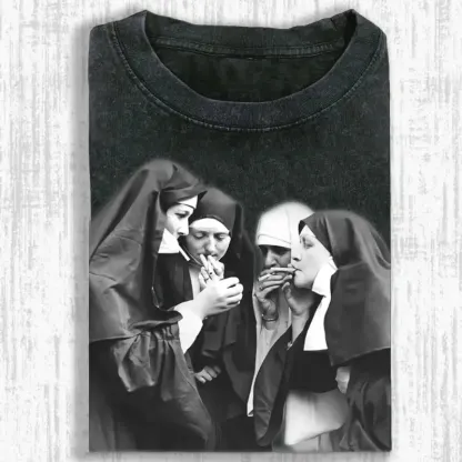 Washed T-shirt featuring a unique Smoking Nuns graphic, perfect for casual wear and standout style.