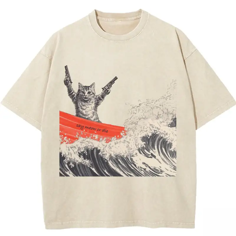 Waves and Cats Washed T-shirt in soft cotton, featuring a playful ocean wave and cat graphic, perfect for casual wear.