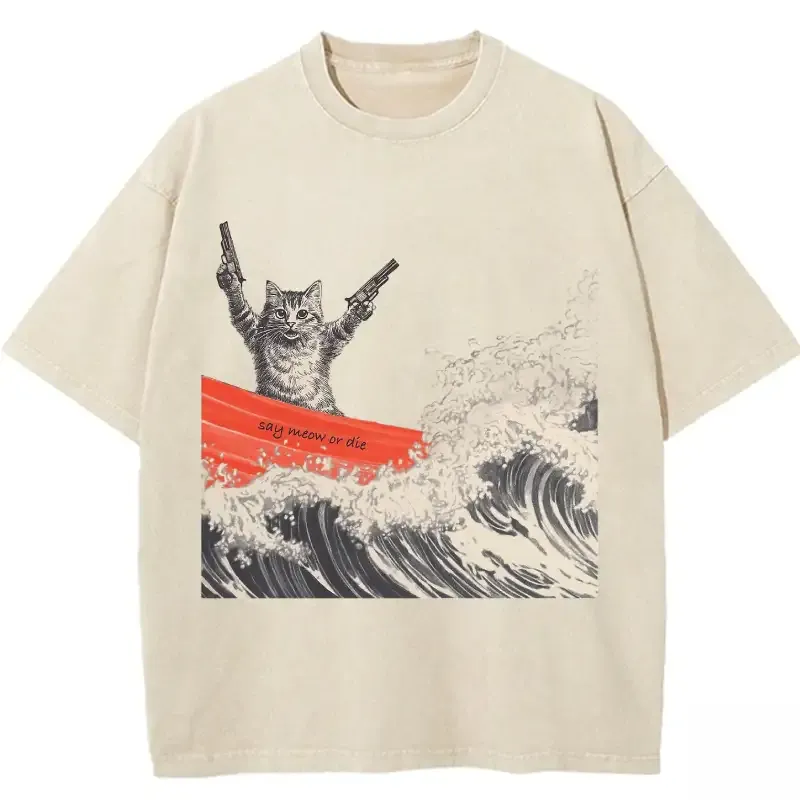 Waves and Cats Washed T-shirt in soft cotton, featuring a playful ocean wave and cat graphic, perfect for casual wear.