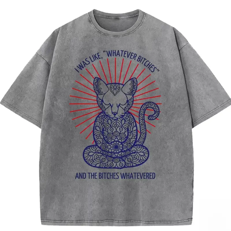 Washed graphic t-shirt featuring 'I Was Like, whatever Bitches' text for casual, trendy streetwear style.