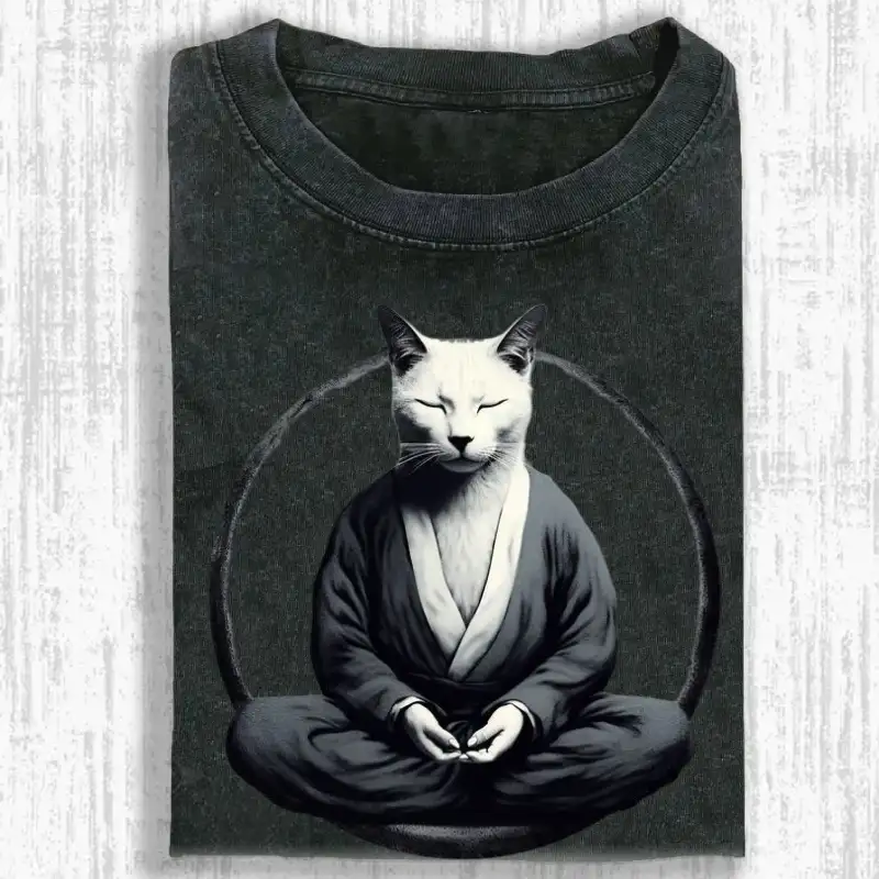 Kung Fu Cat Vintage Washed T-shirt in soft cotton, featuring a playful cat graphic and relaxed fit for casual wear.