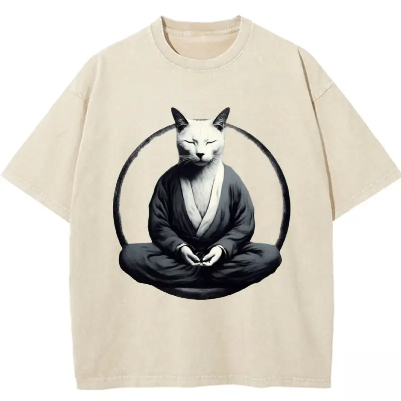 Kung Fu Cat Vintage Washed T-shirt in soft cotton, featuring a playful cat design for casual, stylish wear.