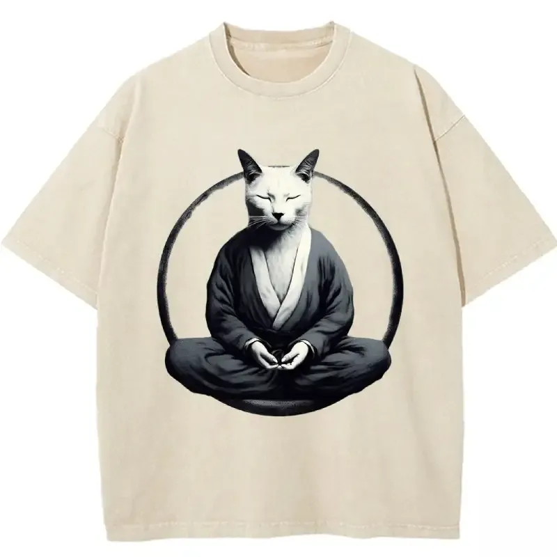 Kung Fu Cat Vintage Washed T-shirt in soft cotton, featuring a playful cat design for casual, stylish wear.