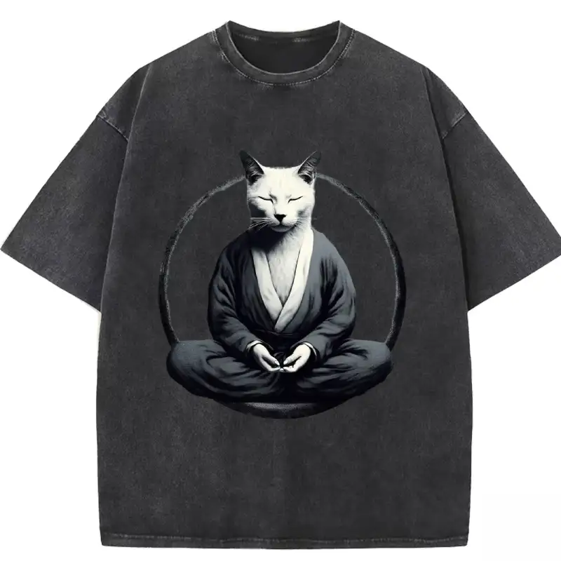Kung Fu Cat Vintage Washed T-shirt in soft cotton, featuring a playful cat design for a relaxed, stylish look.