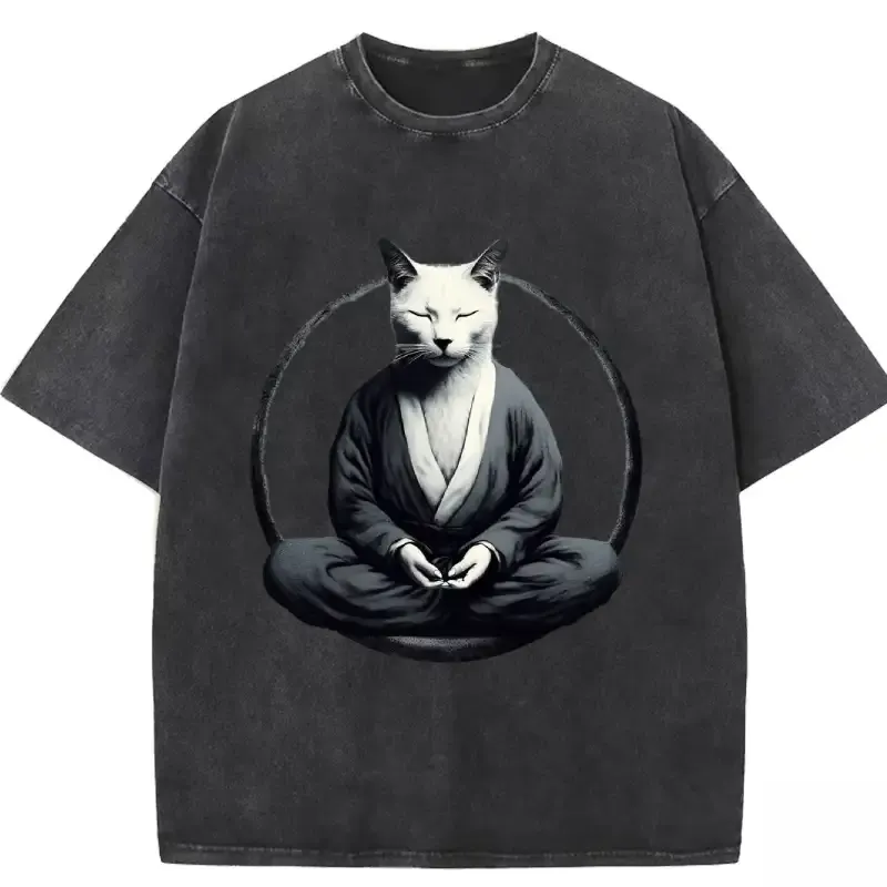 Kung Fu Cat Vintage Washed T-shirt in soft cotton, featuring a playful cat design for a relaxed, stylish look.
