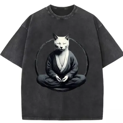 Kung Fu Cat Vintage Washed T-shirt in soft cotton, featuring a playful cat design for a relaxed, stylish look.