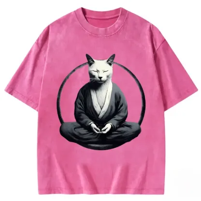 Kung Fu Cat Vintage Washed T-shirt in soft cotton, featuring a playful cat graphic for casual, stylish wear.