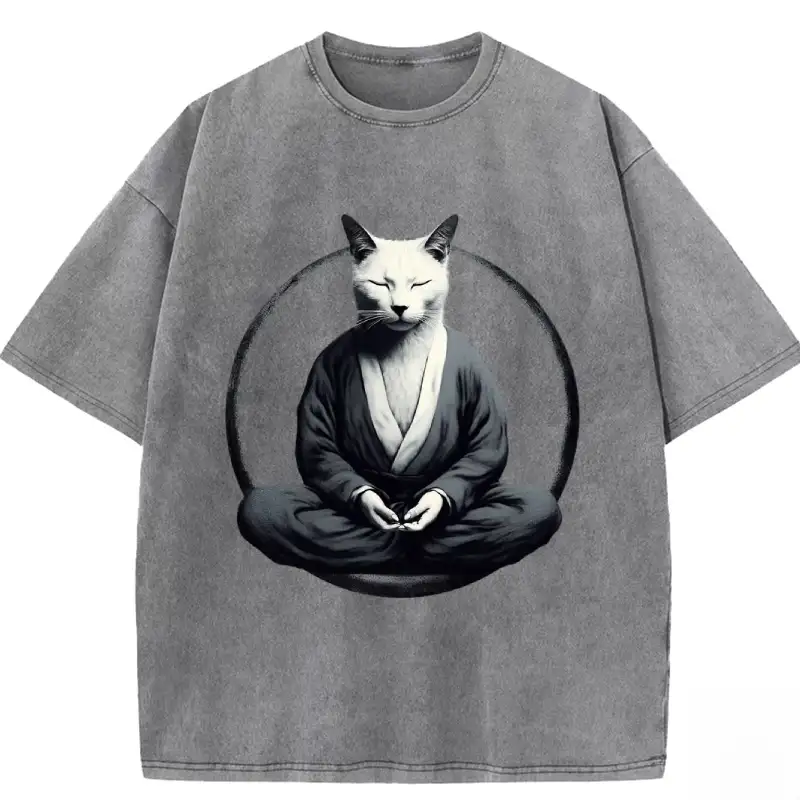 Kung Fu Cat Vintage Washed T-shirt in soft cotton, featuring a playful cat design for casual, stylish wear.