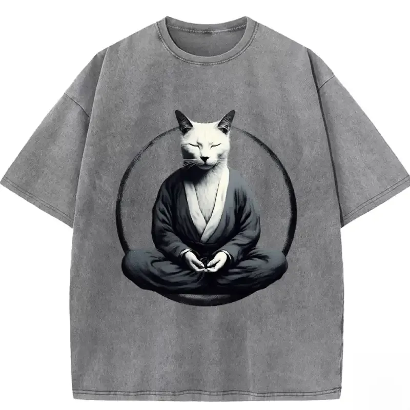Kung Fu Cat Vintage Washed T-shirt in soft cotton, featuring a playful cat design for casual, stylish wear.