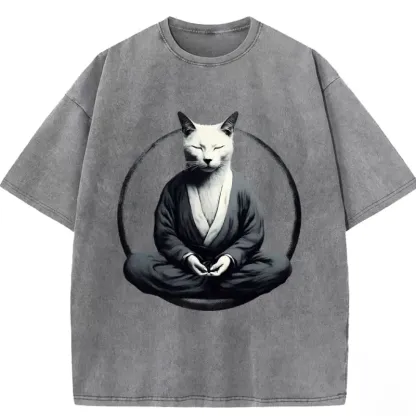 Kung Fu Cat Vintage Washed T-shirt in soft cotton, featuring a playful cat design for casual, stylish wear.