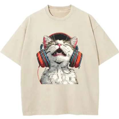 Happy DJ Cat graphic on a trendy washed T-shirt for cat lovers and music enthusiasts. Perfect casual wear!