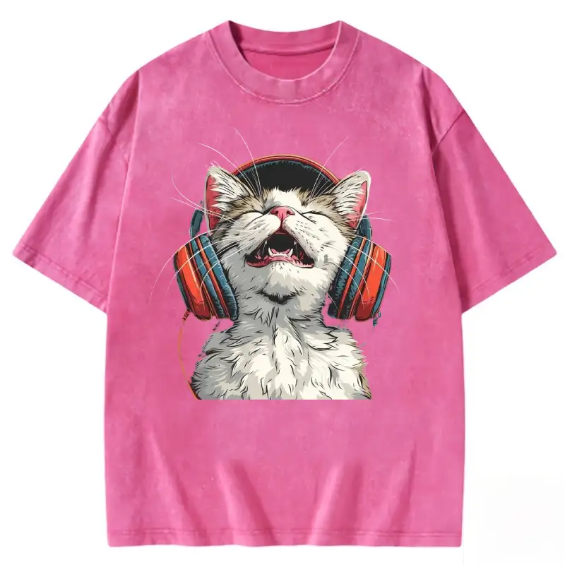 Happy DJ Cat graphic on a trendy washed t-shirt, perfect for cat lovers and music enthusiasts.