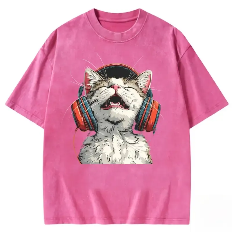 Happy DJ Cat graphic on a trendy washed t-shirt, perfect for cat lovers and music enthusiasts.
