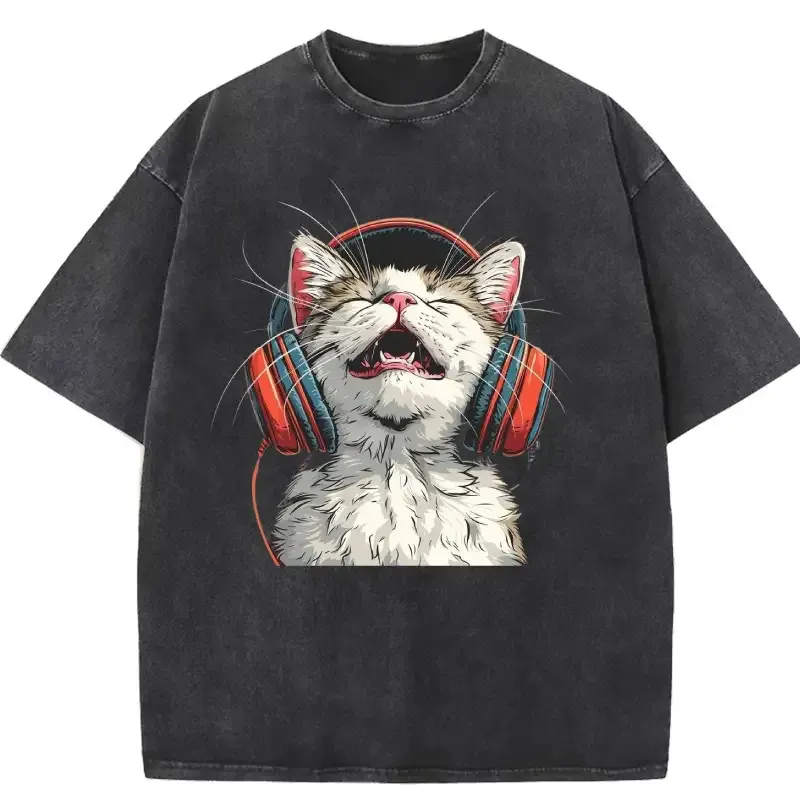 Happy DJ Cat graphic on a washed T-shirt, perfect for casual wear and cat lovers.