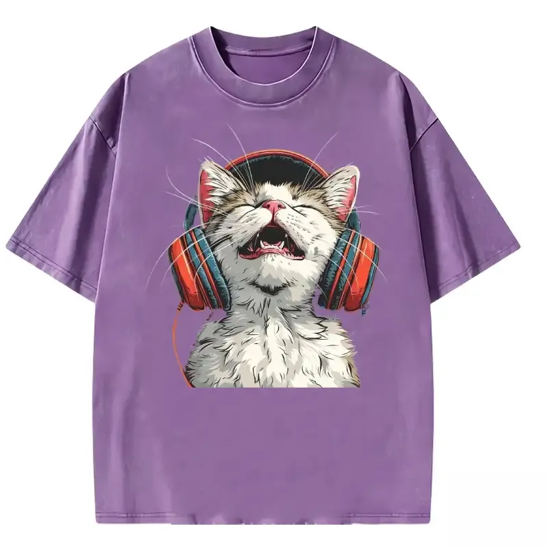 Happy DJ Cat graphic on a soft, washed T-shirt for music lovers and cat enthusiasts. Perfect casual wear!