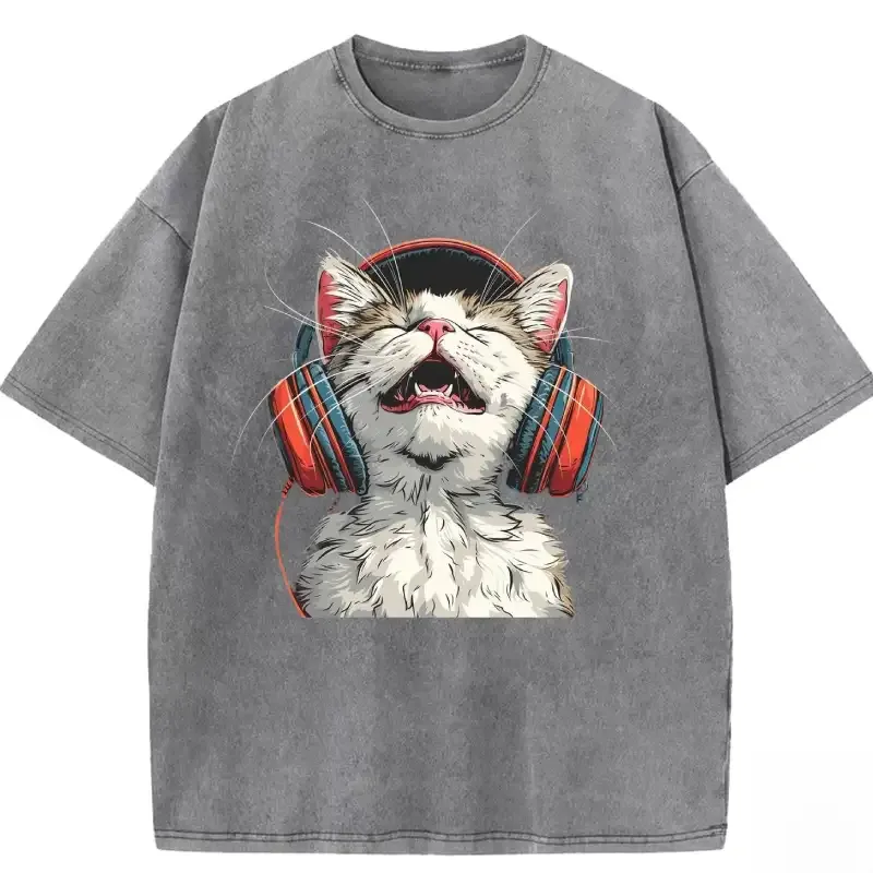 Happy DJ Cat graphic on a soft, washed T-shirt for a trendy and fun casual look. Perfect for cat lovers and music fans.