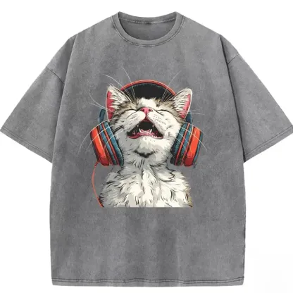 Happy DJ Cat graphic on a soft, washed T-shirt for a trendy and fun casual look. Perfect for cat lovers and music fans.