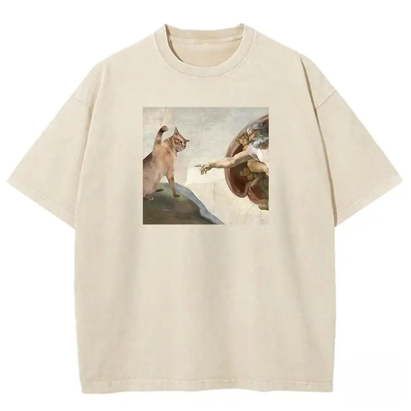 Cat washed t-shirt featuring unique art design, soft cotton fabric, and relaxed fit for comfortable everyday wear.