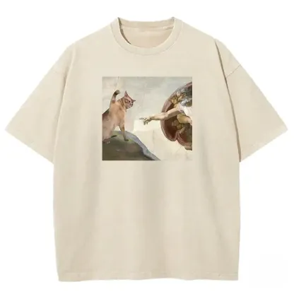 Cat washed t-shirt featuring unique art design, soft cotton fabric, and relaxed fit for comfortable everyday wear.