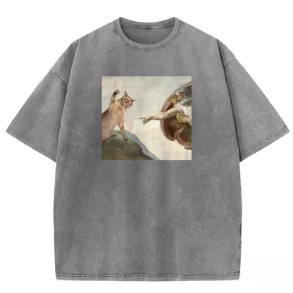 Cat washed T-shirt featuring unique artwork, soft fabric, and relaxed fit for casual comfort and style.