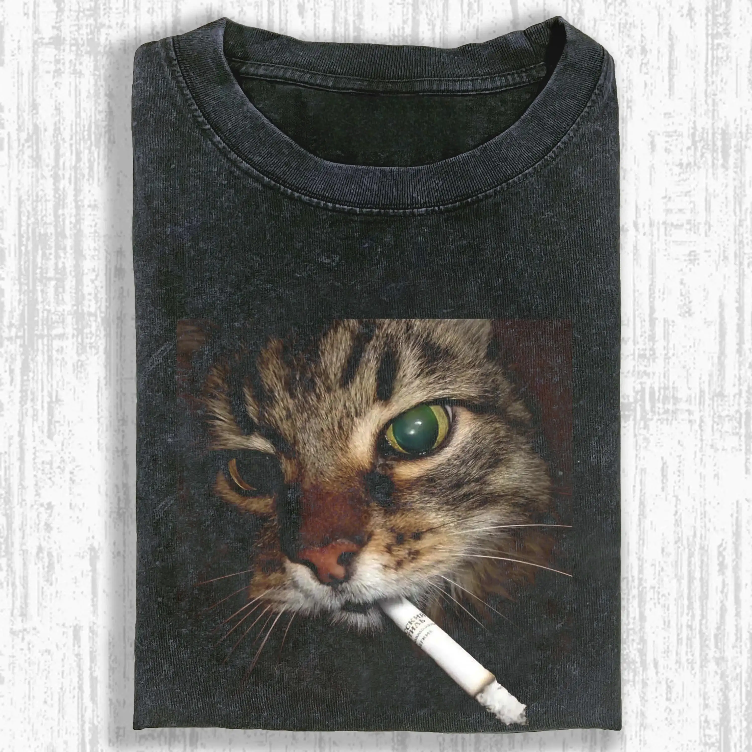 Washed T-shirt featuring a quirky smoking cat graphic, soft cotton fabric, perfect for casual wear and unique style.