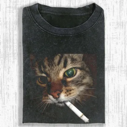 Washed T-shirt featuring a quirky smoking cat graphic, soft cotton fabric, perfect for casual wear and unique style.