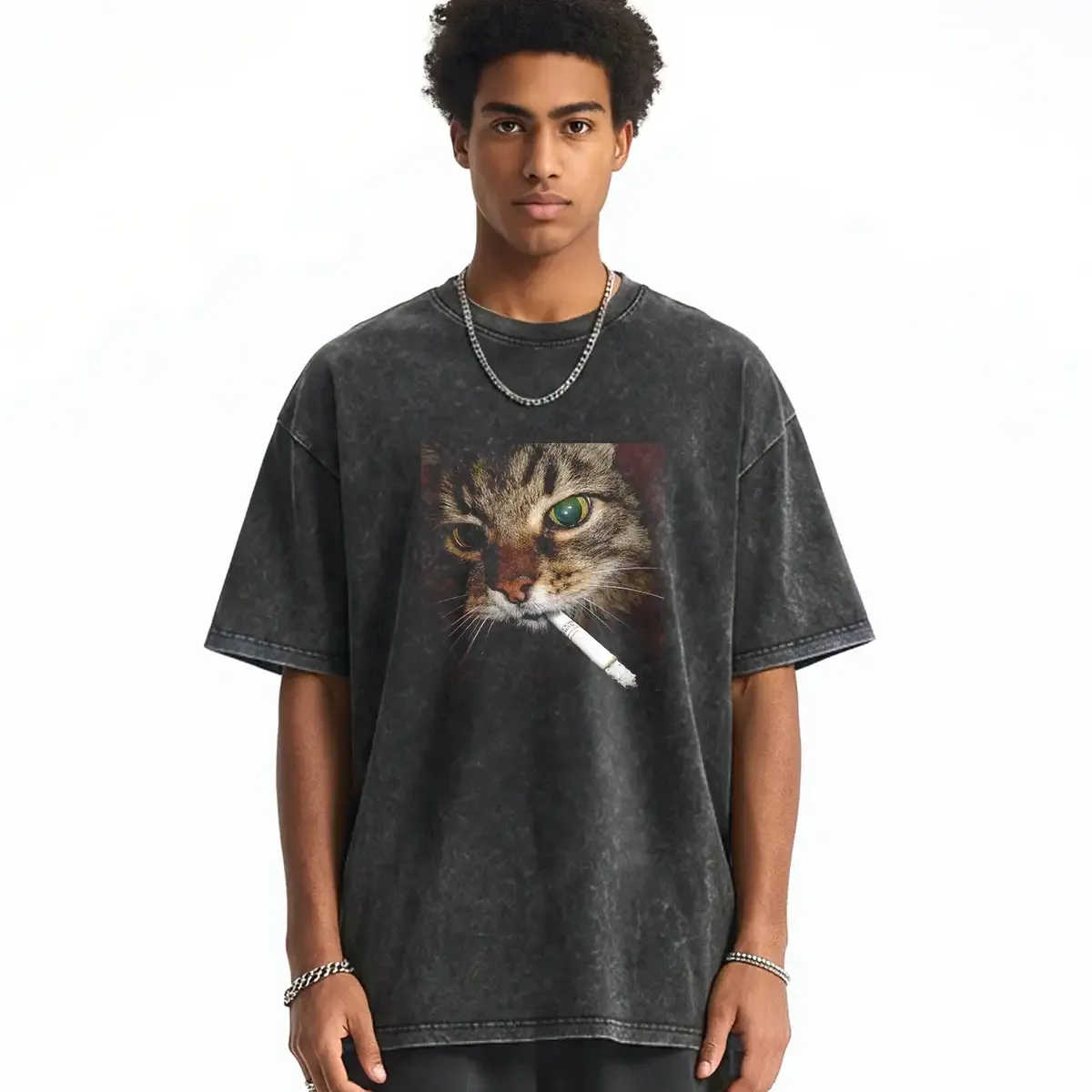 Washed T-shirt featuring a quirky smoking cat graphic, perfect for casual wear and feline lovers.
