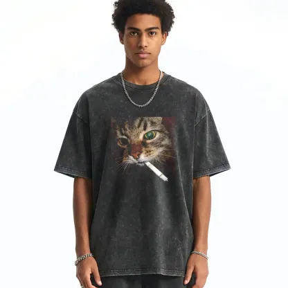 Washed T-shirt featuring a quirky smoking cat graphic, perfect for casual wear and feline lovers.