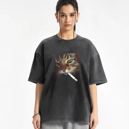 Washed T-shirt featuring a quirky smoking cat graphic, perfect for casual wear and unique style.